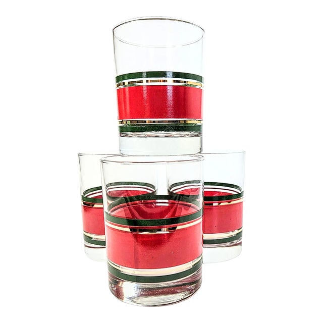 Culver Christmas Ribbon Double Old Fashioned Glasses- Set of Four For Sale