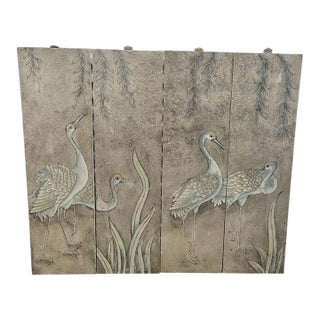 Vintage Muted Metallic Silver 4 Panel Crane and Willow Decorative Wall Art Decor Set 4 For Sale