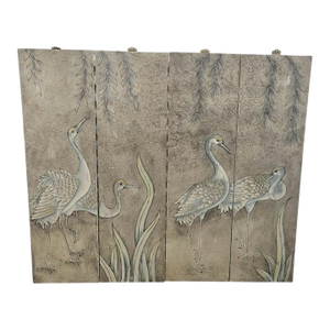 Vintage Muted Metallic Silver 4 Panel Crane and Willow Decorative Wall Art Decor Set 4