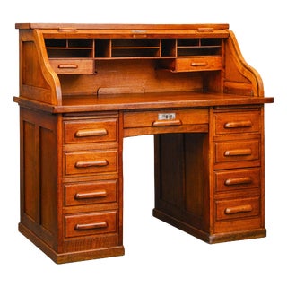 Industrial Style Oak Roll-Top Desk, Early 20th Century For Sale