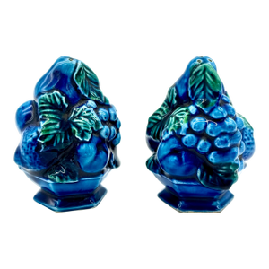 Mid-Century Inarco Blue Mood Indigo Majolica Fruit Topiary Salt & Pepper Shaker Set