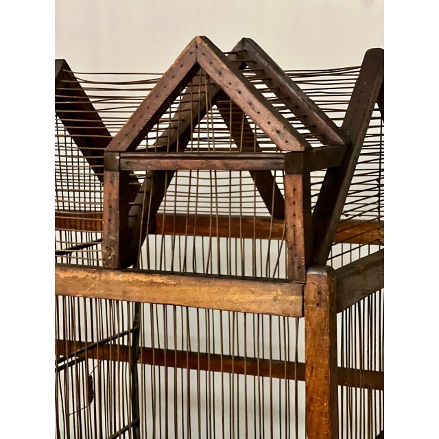 Brown 19th Century Architectural Dual Compartment Wood and Wire Birdcage For Sale - Image 8 of 16