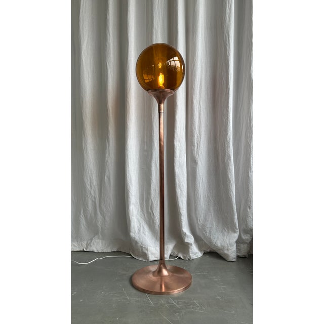 Mid-Century Modern Mid-Century Hungarian Industrial Copper Floor Lamp with Amber Glass Shade, 1970s For Sale - Image 3 of 18