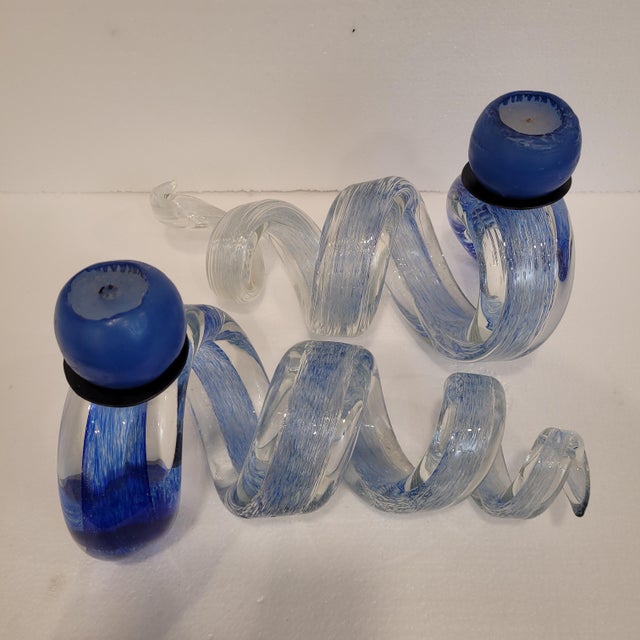 Blue Spiral Candleholders in Glass, France, 1980s, Set of 2 For Sale - Image 12 of 18