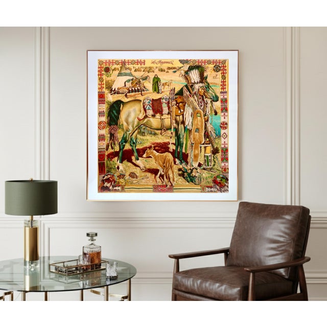 This is an authentic and very rare framed silk scarf from Hermès. This scarf was designed by artist Kermit Oliver in 1993...