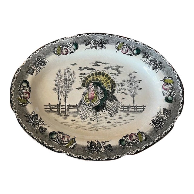Vintage Nsp Ironstone Hand Decorated Turkey Platter For Sale