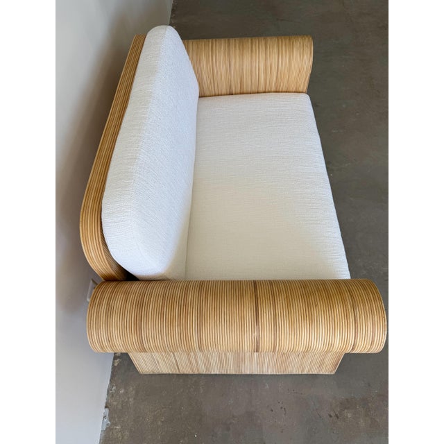 Vintage 1970s Pencil Reed Loveseat, Bouclé Upholstered Bamboo Settee, Coastal Boho Rattan Sofa For Sale - Image 10 of 15