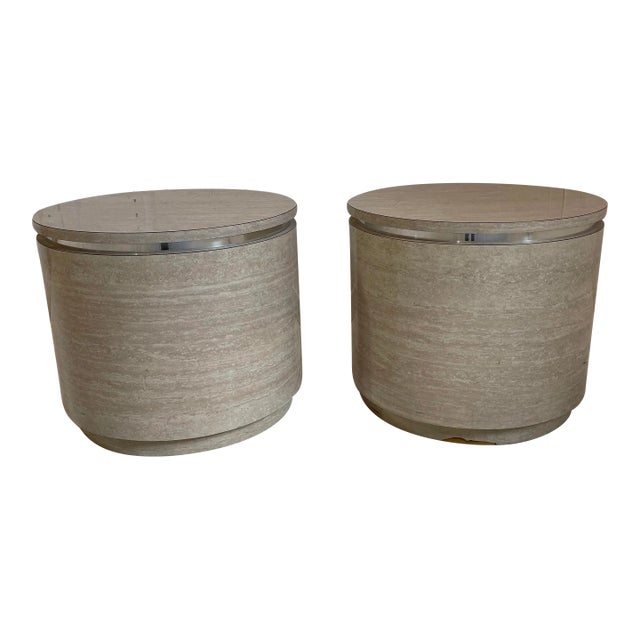 1980s Travertine Laminate Drum Side Tables With Chrome Trim - a Pair For Sale
