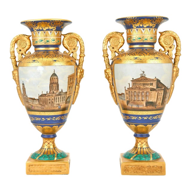 French Porcelain Vases With Architectural Scenes For Sale