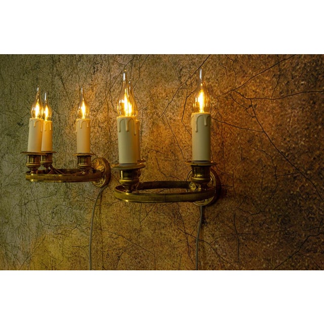 Empire French Brass and Bronze Three-Light Wall Sconces, 1920s, Set of 2 For Sale - Image 12 of 18