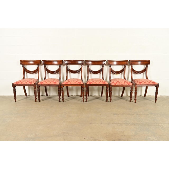 English Baker Furniture Style English Regency Carved Mahogany Dining Chairs, Set of Six For Sale - Image 3 of 12