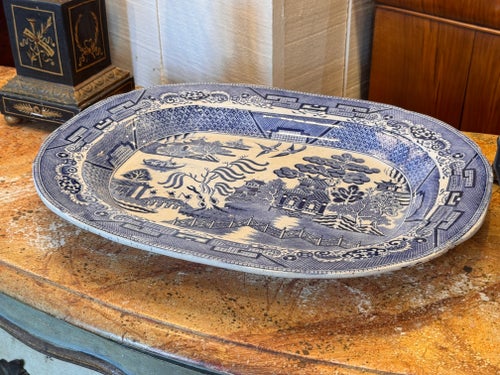 Large 19th Century English Ironstone Platter With Blue Willow Pattern