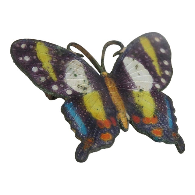 Cloisonne Style Metal Butterfly Brooch Pin Purple Yellow Blue Enamel 5197b For Sale