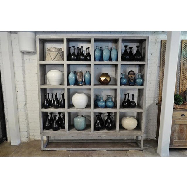 Modern square cube design display shelf. Double sided beautiful elm wood vintage grey distressed patina. Spacious shelf...