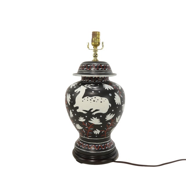 Art Deco Vintage Brunschwig & Fils Table Lamp - Black and Cream Ceramic With Boar and Deer Motif - a Pair For Sale - Image 3 of 12