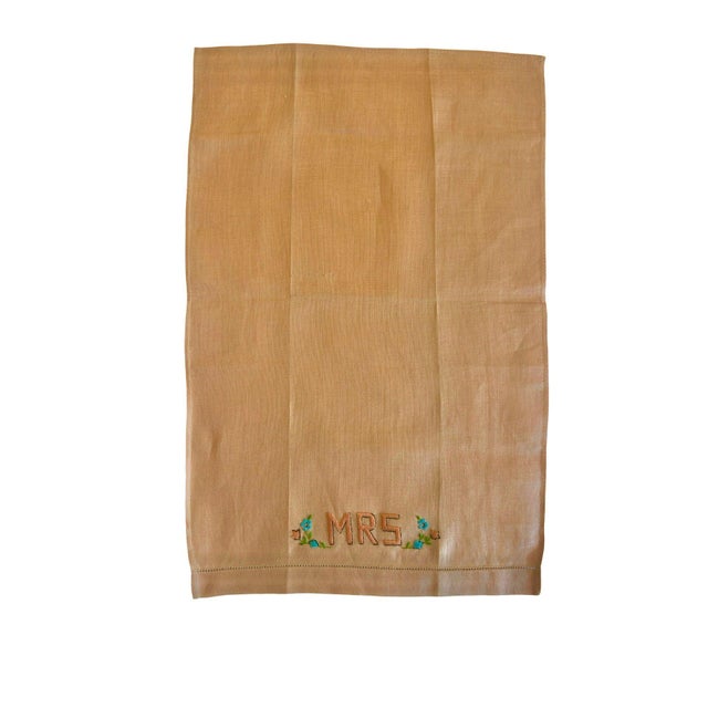 Textile Vintage Mr & Mrs Embroidered Linen Towels Set Blush Apricot Monogram Floral Boudoir Hand Towels For Sale - Image 7 of 12