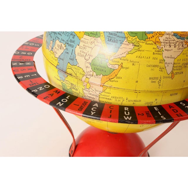 Vintage Replogle Yellow and Red Tin Litho "Globe Grams' Spinning World Globe For Sale - Image 10 of 18
