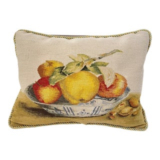 Vintage Tapestry Pillow Featuring Fruit in a Blue and White Bowl For Sale