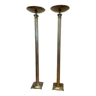 Art Deco Rembrandt 71" Tall Brass Toirchierre Floor Lamp Pair. Fabricated in 1987 - a Pair For Sale