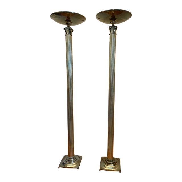 Art Deco Rembrandt 71" Tall Brass Toirchierre Floor Lamp Pair. Fabricated in 1987 - a Pair For Sale