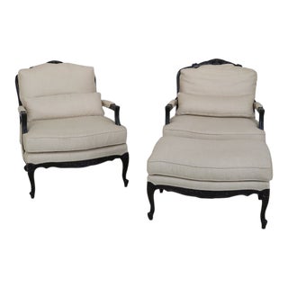 Pair of Henredon French Louis XV Bergere Chairs & Ottoman For Sale