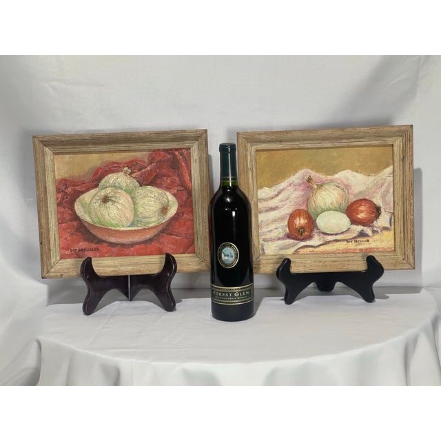 Rustic Vintage Oil Paintings signed “Dot Pressler.” – a Pair Onion Still Lifes With Beautifully Dry Matte Surface & Pronounced Impasto For Sale - Image 3 of 12