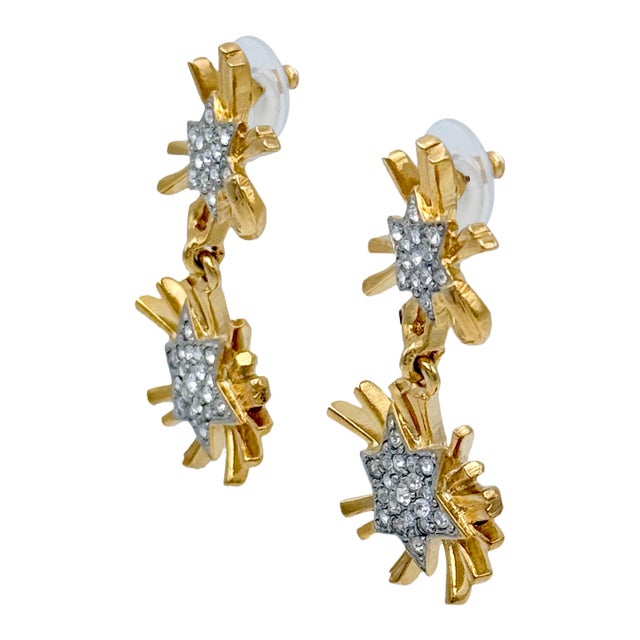 Kenneth Jay Lane Designer Gold Swarovski Crystal Starburst Drop Post Earrings, A Pair For Sale In Los Angeles - Image 6 of 11
