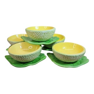 Vintage Four Cantaloupe Japanese Fruit Bowls With Leaf Base-Set of 5 For Sale