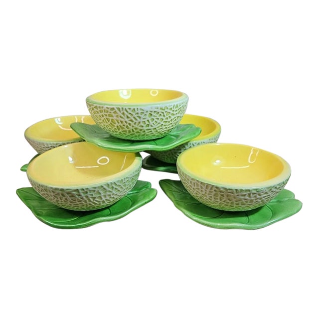 Vintage MCM Four Cantaloupe Japanese Fruit Bowls With Leaf Base-Set of 5 For Sale