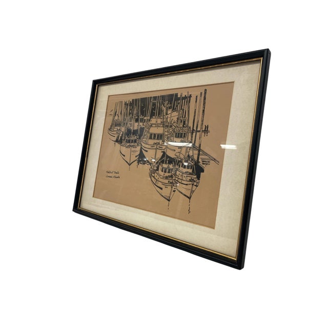 Mid-Century Modern Mid-Century Style Bruce Boyd "Halibut Boats, Juneau, Alaska" Framed Graphic Maritime Print. For Sale - Image 3 of 8