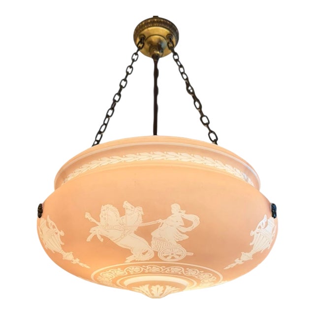 Rare 1910’s European Cased Glass Bowl With Etched Chariots and Urns For Sale