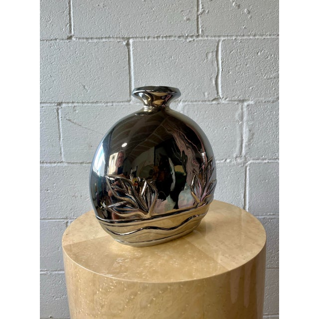 Metal Pair of Dolbi Cashier Art Deco Revival Gunmetal Metal Vases, Korea, 1980s For Sale - Image 7 of 10