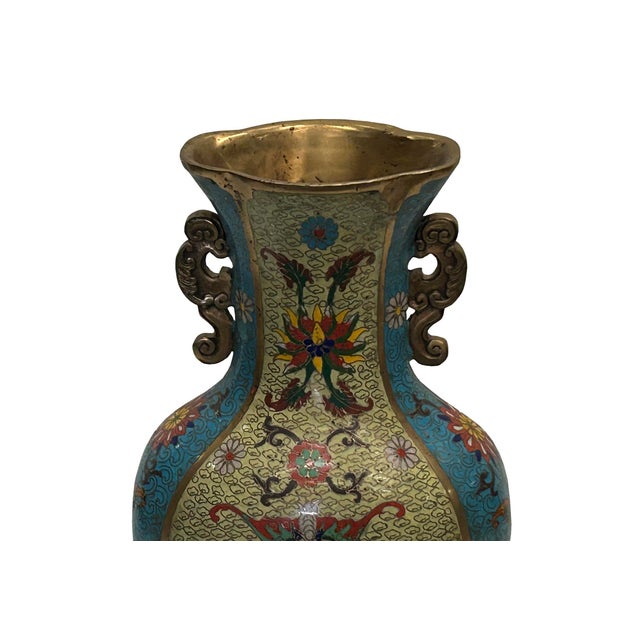 Metal Vintage Cloisonné Vase Dragon Handles and Chinese Floral Motifs For Sale - Image 7 of 13