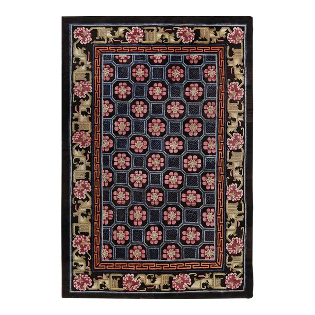 Antique Chinese Rug in Blue With Floral Medallions, From Rug & Kilim For Sale