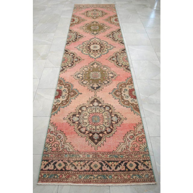 Hand-Knotted Oushak Runner Rug Faded Pink Low Pile Hallway Decor Kitchen Rug- 3'2″x 12'4″ For Sale - Image 9 of 14