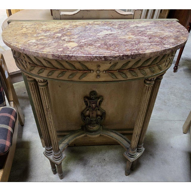 Louis XVI style wood console table, 19th century marble top relief carvings four fluted columns