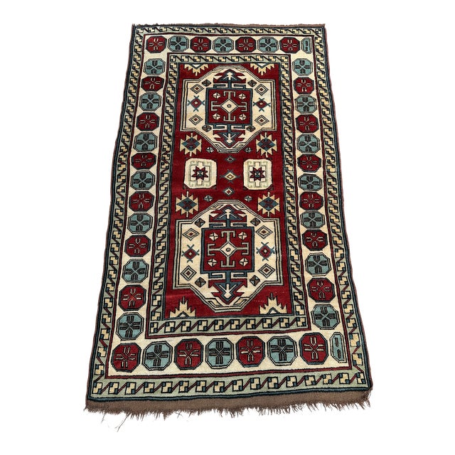 Vintage Hand Knotted Kazak Rug For Sale