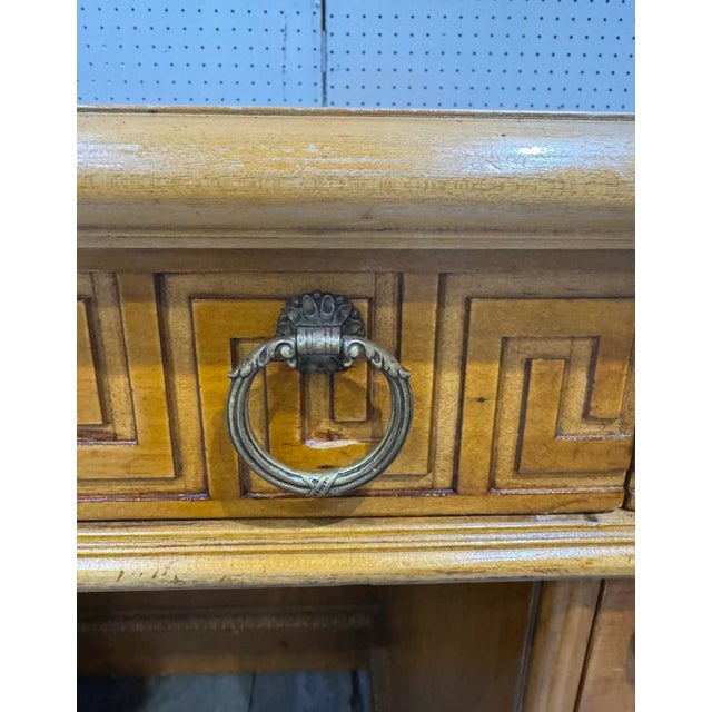 Wood Fine Vintage Sligh Furniture Greek Key Leather Top Bookcase Front Knotty Pine Desk For Sale - Image 7 of 12