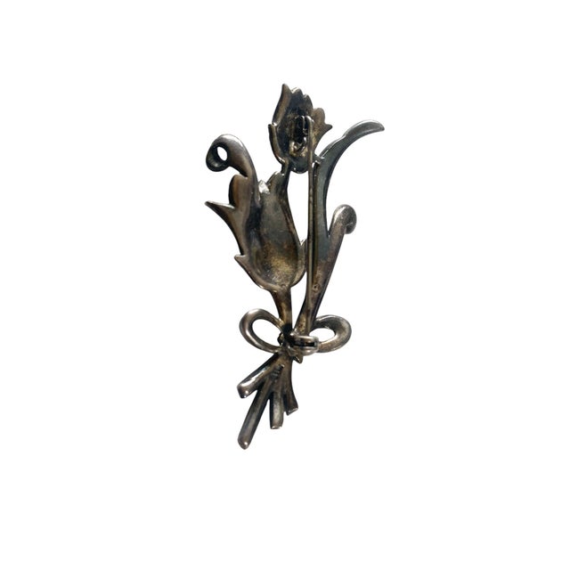 Vintage Silver Marcasite Pave Crystal Two Stemmed Tulip Flowers Brooch 2.75" H For Sale - Image 4 of 4