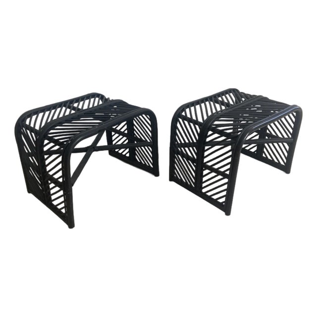 Mid Century Black Rattan Accent Tables in Chevron Pattern - A Pair For Sale