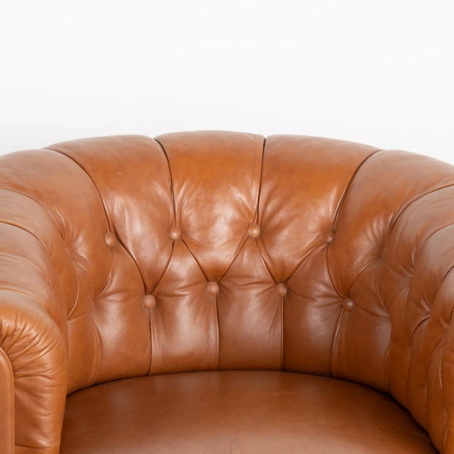 English Pair, Vintage Brown Leather Barrel Back Arm Chairs, Denmark Circa 1940 For Sale - Image 3 of 13