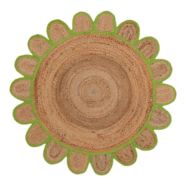 7'x7' Green Round Jute Scallop Rug For Sale