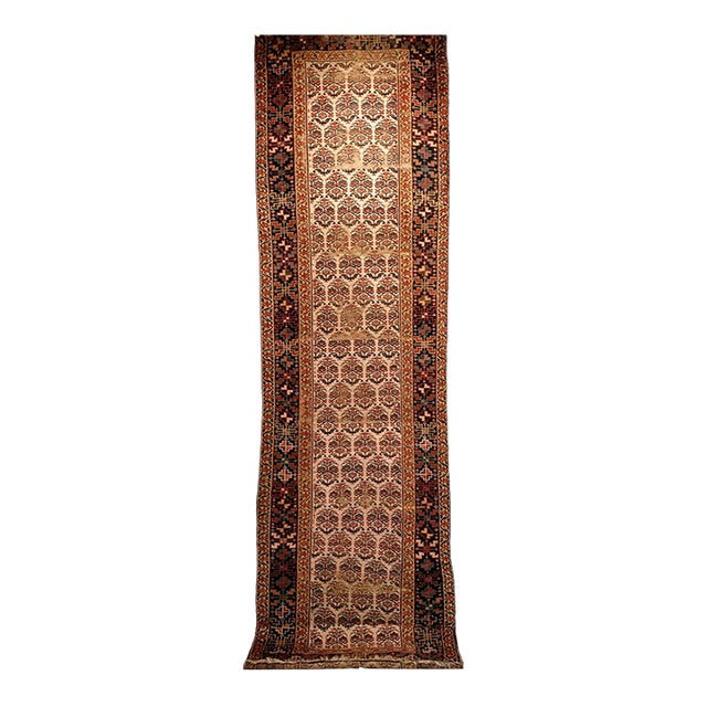19th Century Persian Bidjar Runner, Hand-Knotted Wool, Allover Paisley Pattern, Ivory & Navy, 3x13 For Sale