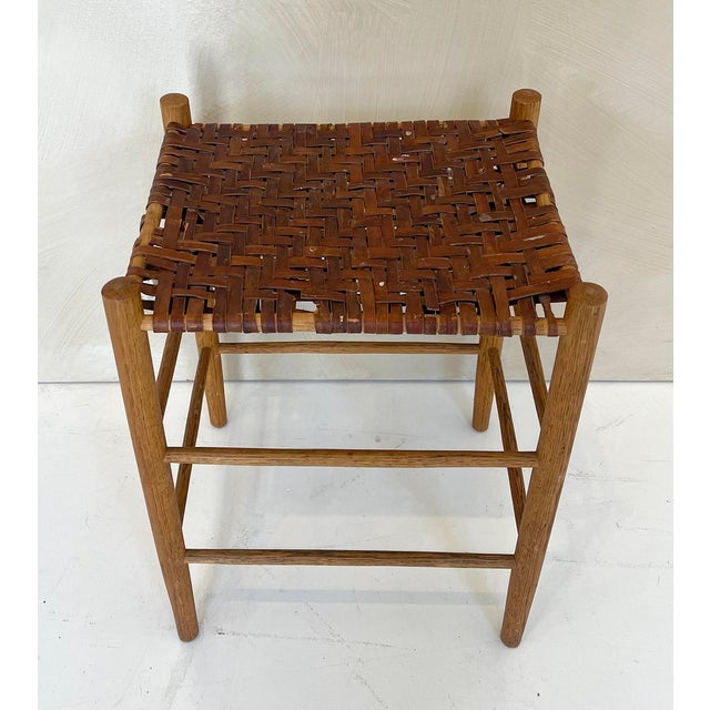 Vintage Woven Leather and Oak Stool / Side Table, Scandinavian Style For Sale - Image 4 of 5