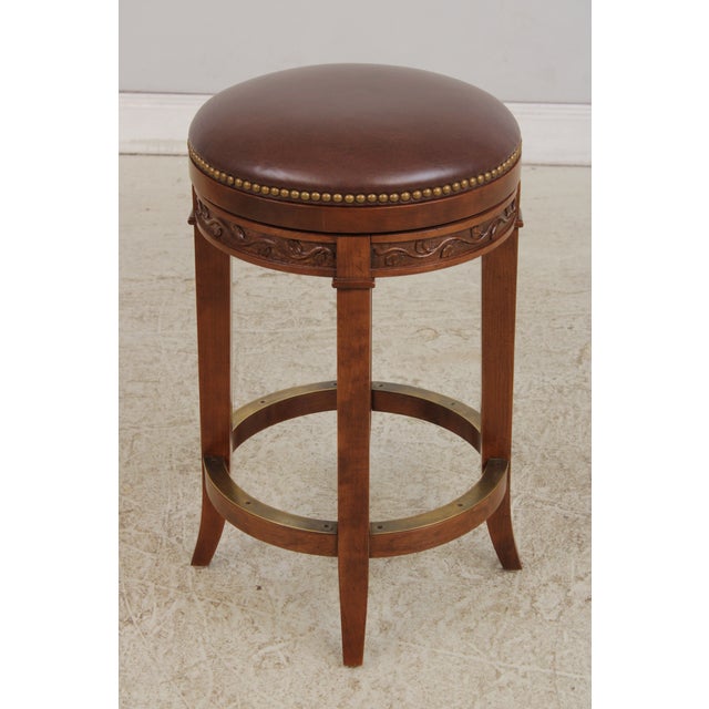 Traditional Set of 3 Stickley Cherry Leather Seat Counter Stools For Sale - Image 3 of 16