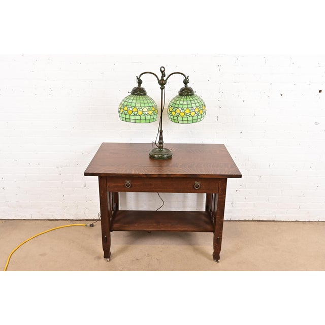 Tiffany Studios Arts & Crafts Bronze Double Arm Student Lamp With Stained Leaded Glass Acorn Shades For Sale - Image 11 of 12