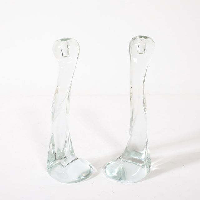 Transparent Pair of Signed Renato Anatra Transparent Sculptural Murano Glass Candlesticks For Sale - Image 8 of 17