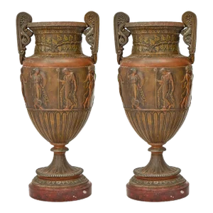 Antique French Neoclassical Patinated Bronze Decorative Urn / Red Marble Base