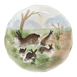 Majolica Bunnies Family Plate Choisy Le Roi, Circa 1900 For Sale