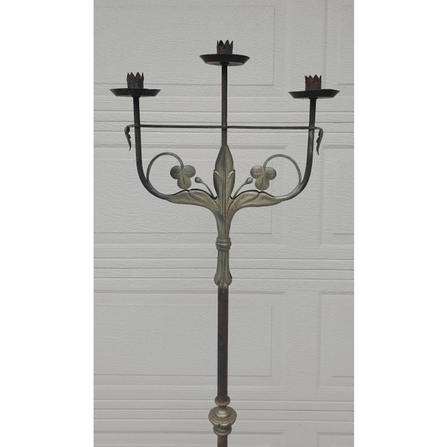 Brown Pair of 1920s Antique Wrought Iron Torchiere Candelabras Floor Candle Stands For Sale - Image 8 of 12
